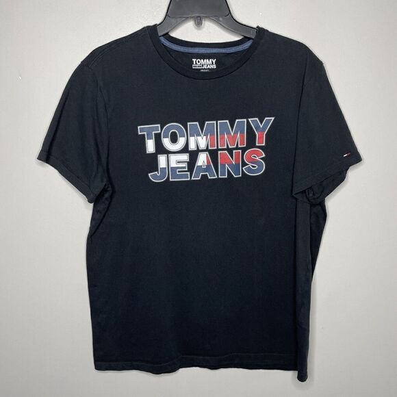 TOMMY HILFIGER Shirt Mens Medium M Black Graphic Logo Spellout Short Sleeve - Picture 1 of 8